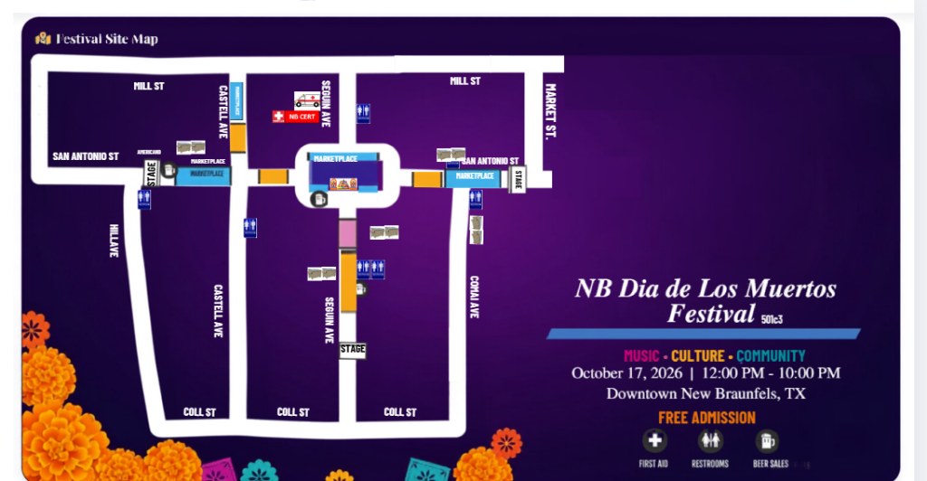 New Braunfels Dia de Los Muertos Festival 2026 site map on a festive purple background showing the Downtown New Braunfels street grid: horizontal streets Mill St, San Antonio St, and Coll St crossed by vertical streets Hill Ave, Castell Ave, Seguin Ave, Comal Ave, and Market St. Three stages marked: one on San Antonio St near Hill Ave, one on San Antonio St near Market St, and one on Seguin Ave near Coll St. Marketplace areas along Castell Ave, San Antonio St, and around the central plaza. NB CERT first aid station on Seguin Ave near Mill St. Restrooms and Beer Sales locations also marked. Event details: October 17, 2026, 12:00 PM – 10:00 PM, Downtown New Braunfels, TX. Free Admission.