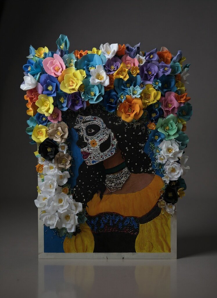 Winning Dia de Los Muertos art contest piece by Alexis Rodriguez — a mixed-media paper flower portrait of a woman with sugar skull face paint