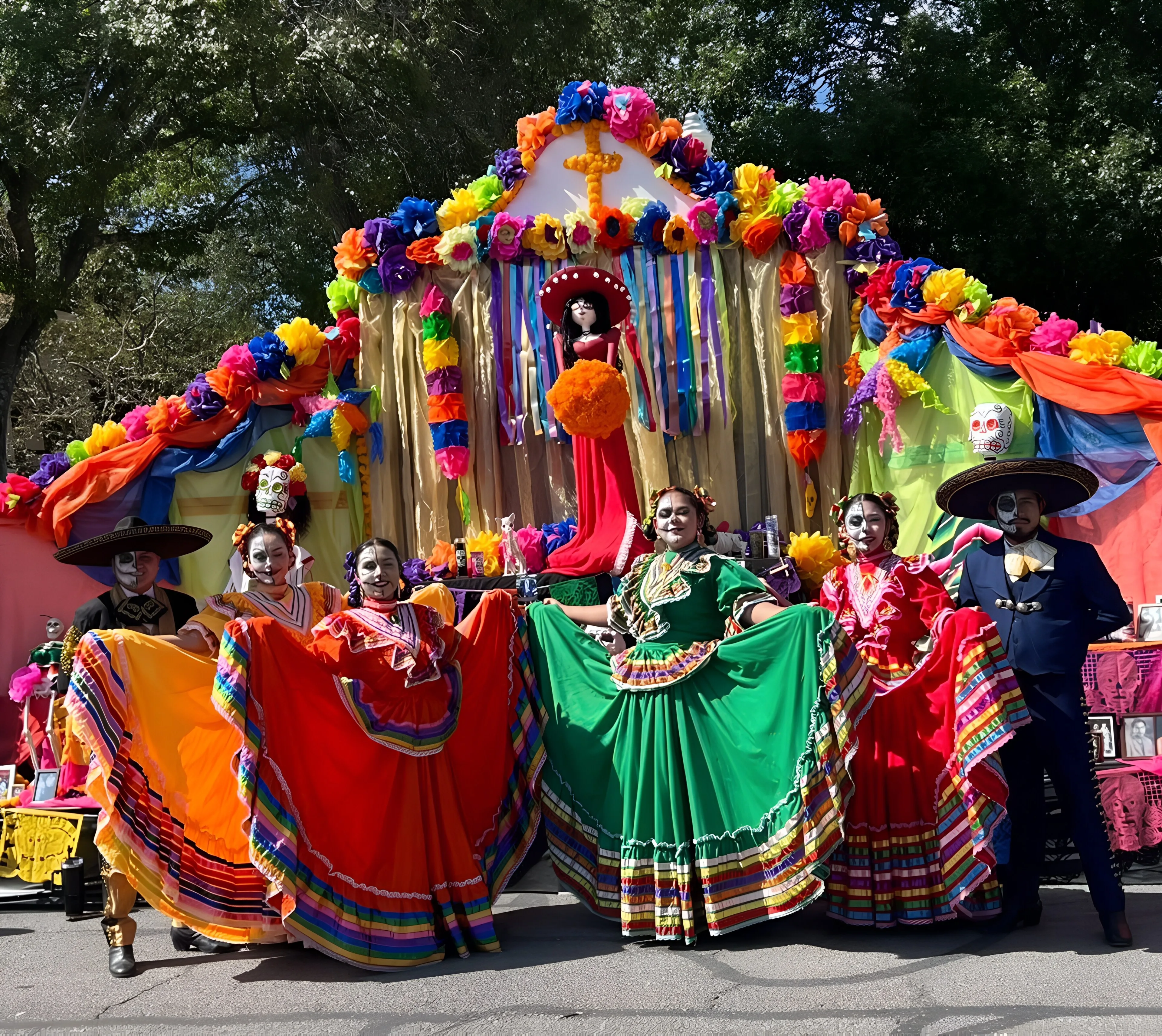 A joyful group of folklorico dancers in vibrant orange, red, and green dresses with Dia de los Muertos skeleton face paint, twirling their skirts in front of an elaborate marigold-covered parade float with mariachi performers at the New Braunfels festival